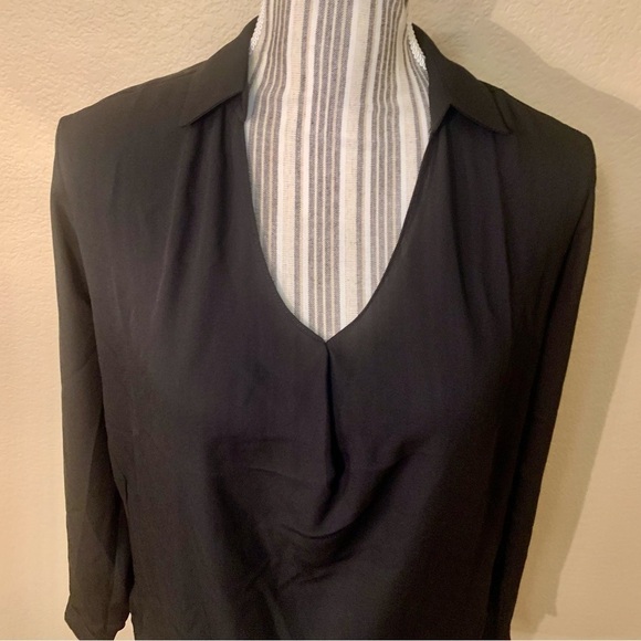 NEW TopShop Blouse 2 Black Semi Sheer V-Neck Long Sleeves Collar Button Cuffs - Picture 2 of 14